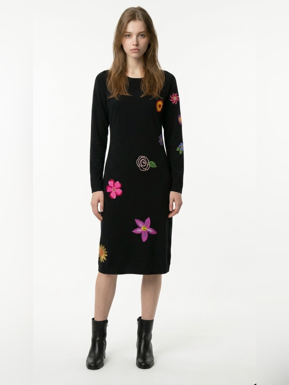 MICHAEL SIMON Lite Floral Embroidered Midi Dress Black Scoop Neck Pullover Pink